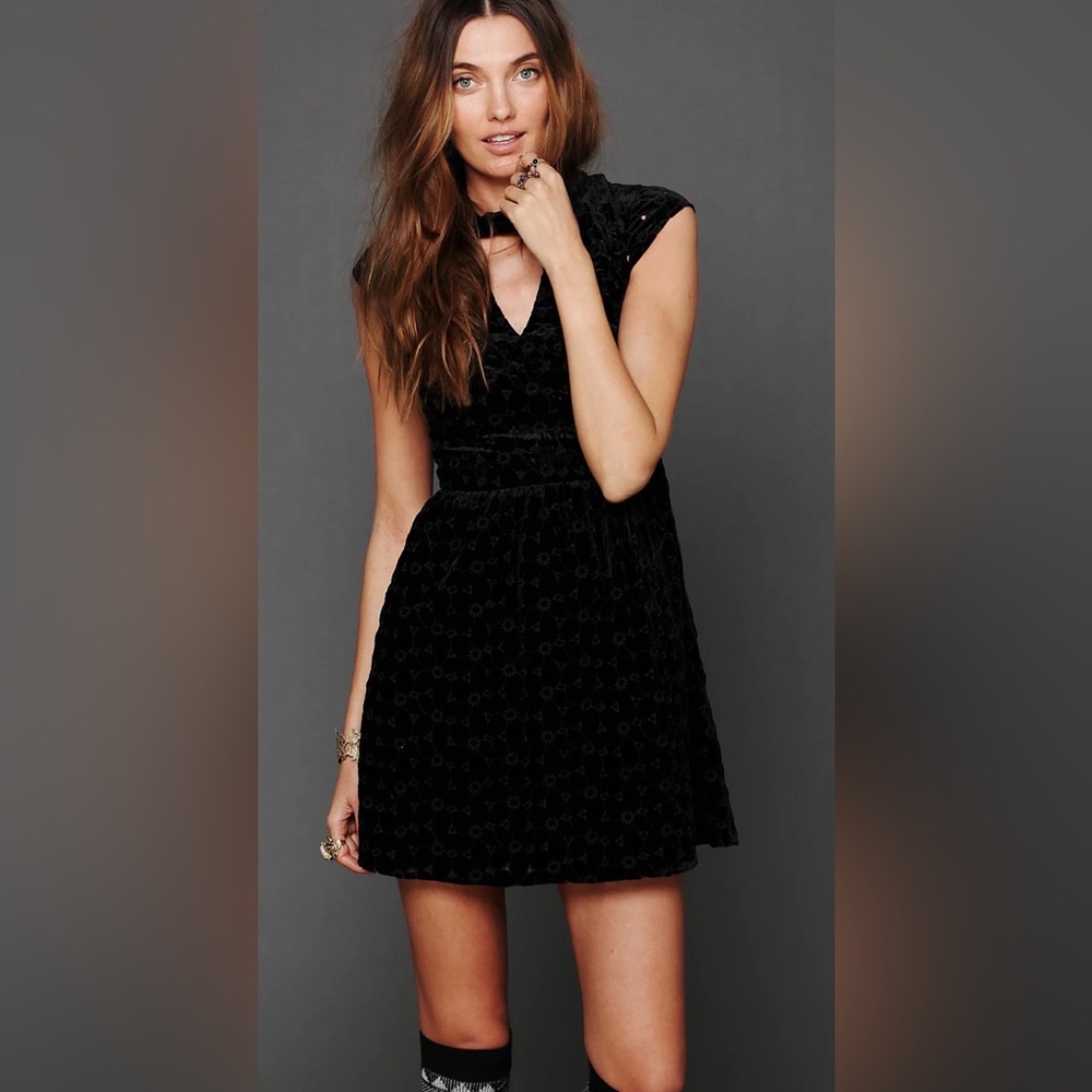 Free People Black Velvet Mini Dress with Floral Texture